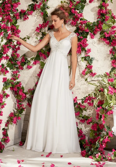 Cap Sleeve Empire Waist Women Wedding Dress Chiffon Bridal Gowns V