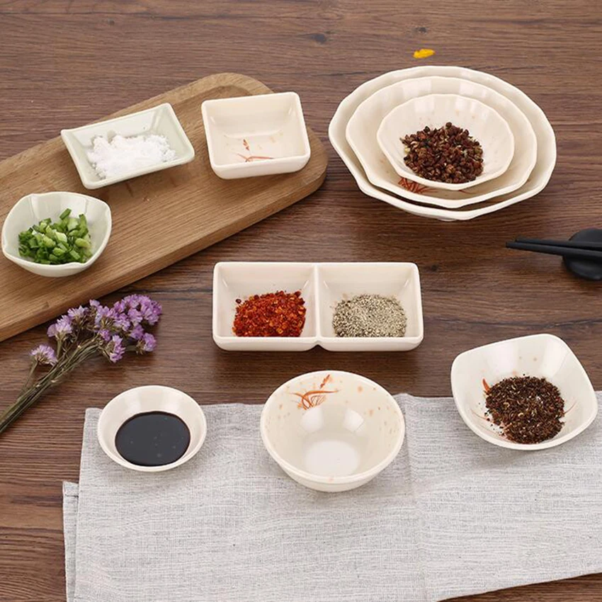 

Chinese Hot sale melamine round rectangular dipping sauce dishes, Cheap plastic sushi wasabi soy sauce dish with logo