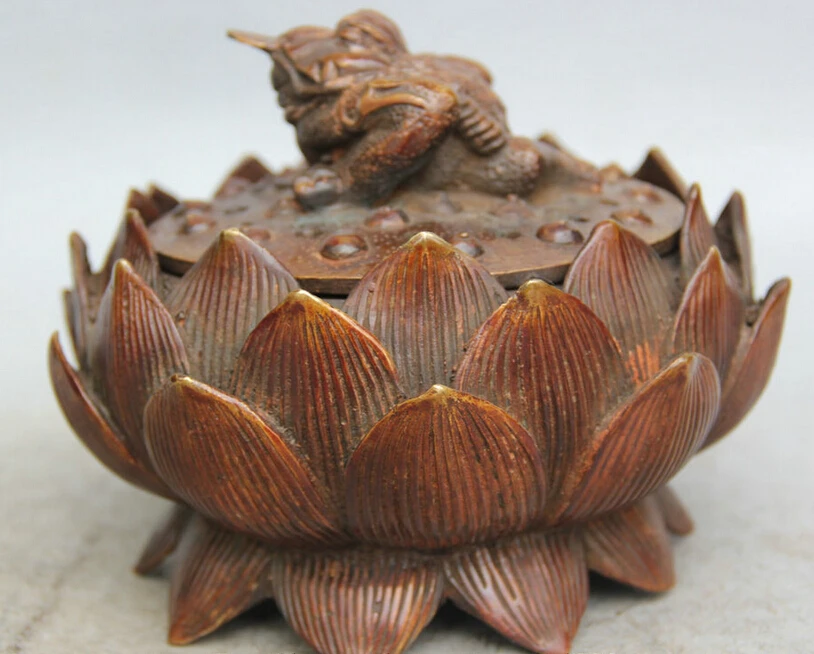 

150610 S1278 6" Chinese palace Bronze Golden Toad Spittor lotus flower Incense Burner Censer