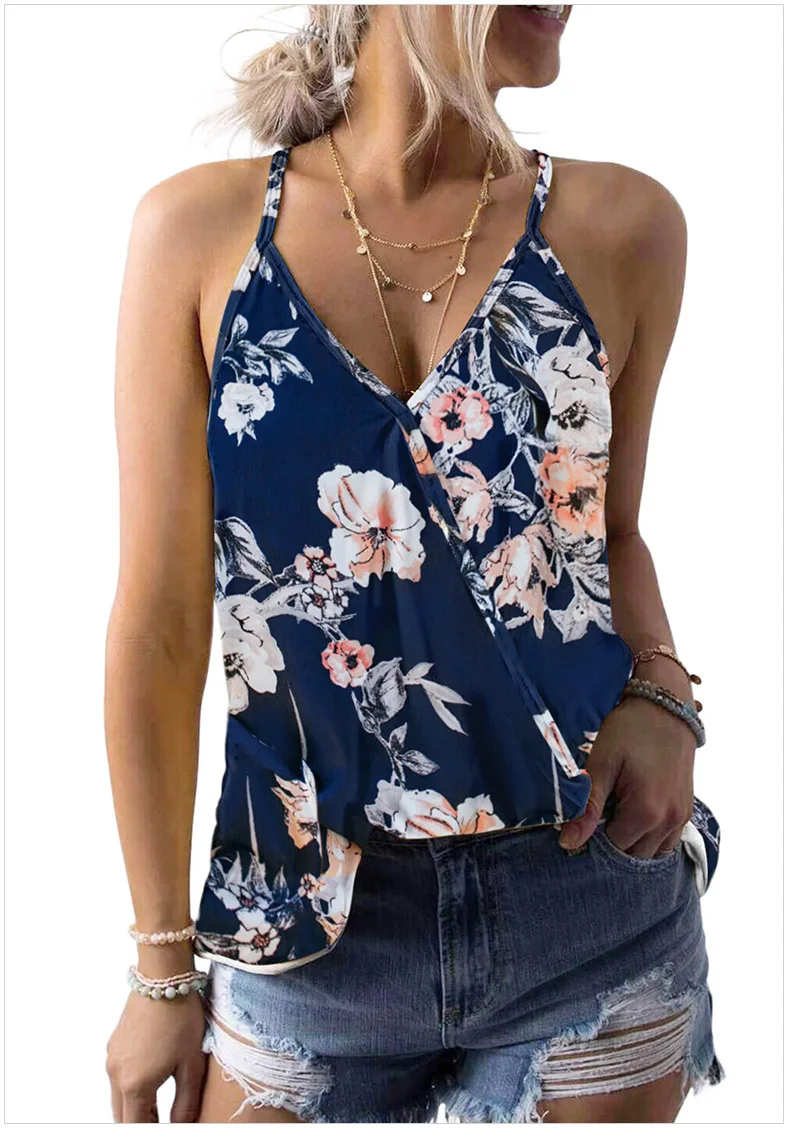 Women's Summer Fashionable Beach Style Flower Printed V-neck Camisole