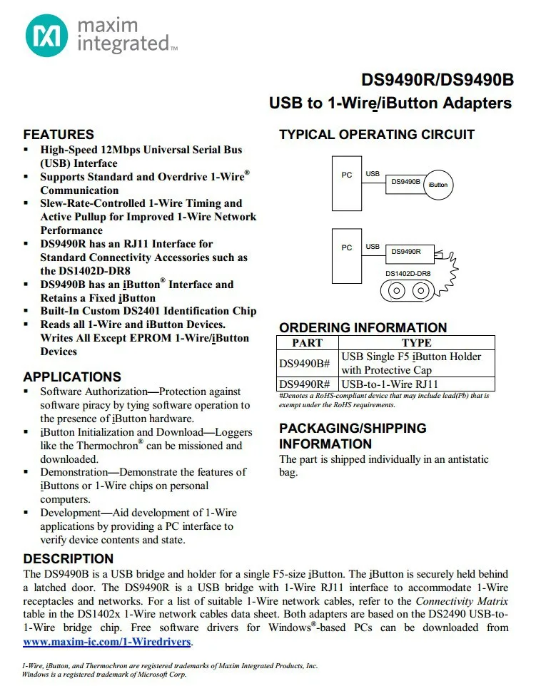 1 шт. x DS9490R# DS9490 DS9490R интерфейсные модули USB: 1-проводной/кнопочный RJ11 адаптер