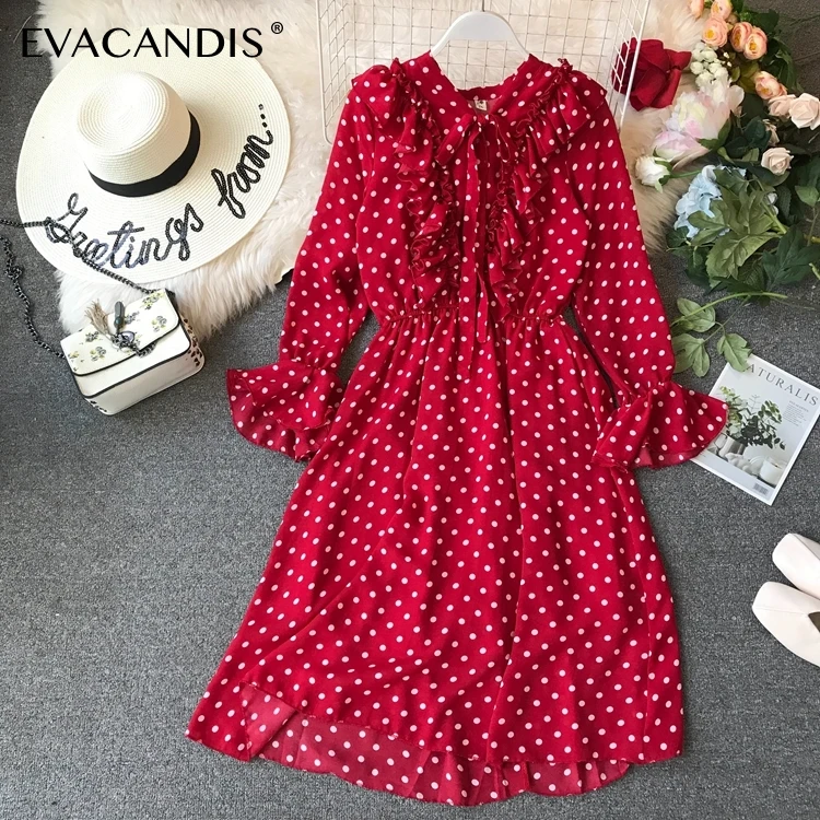 

Polka Dot Ruffle Dress Long Sleeve Tunic Elegant Boho Bow Korean Black White Chiffon Midi Beach Summer Dress Women Vestidos