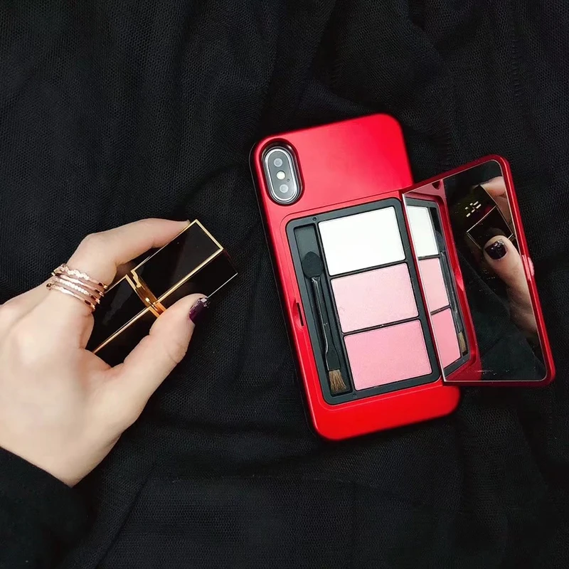 

Luxury Makeup Mirror PC+TPU Phone Case For iphone 6 7 8 Plus Back Cover for iphone X XS Case with Eyebrow Pencil Powder for Girl