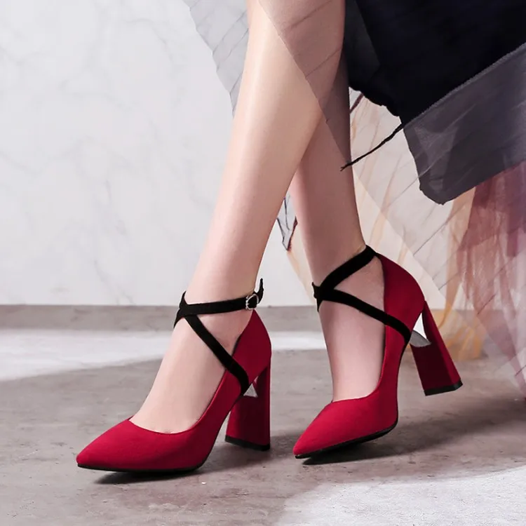 Big Size 11 12 13 14 15 ladies high heels women shoes woman pumps Suede pointed thick heel buckle with shallow opening
