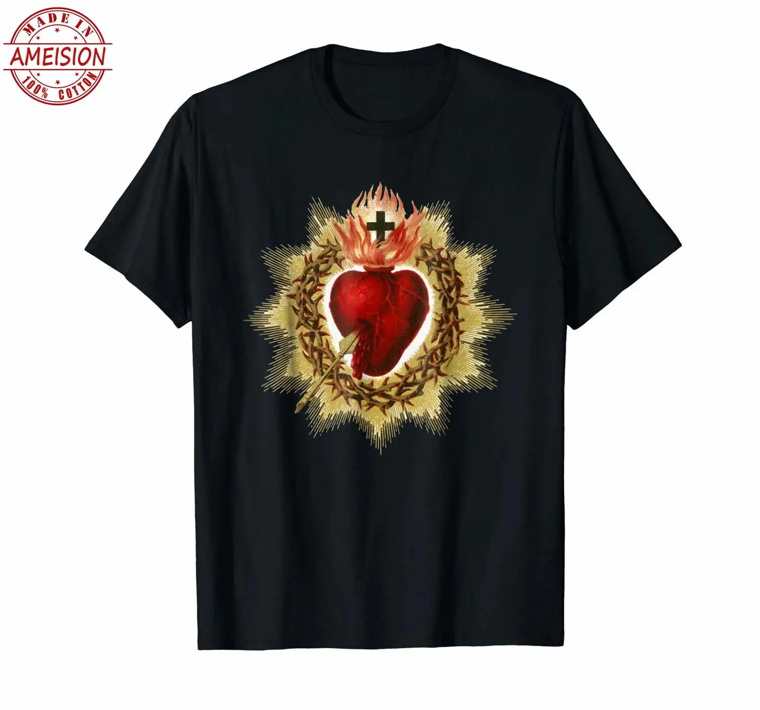 

Sacred Heart of Jesus Christ Blessing Art Top Quality Cotton Casual Men T Shirts Men Free Shipping Design Style New Fashion