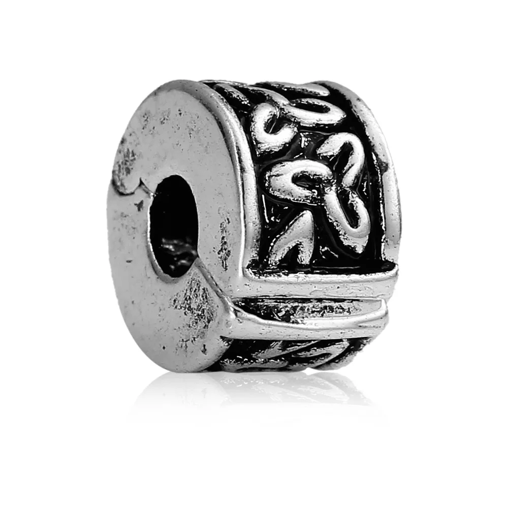 

DoreenBeads European Charm Stopper Clip&Lock Bail Beads antique silver Carved 10x6mm,Hole:Approx 3.2mm,10PCs new