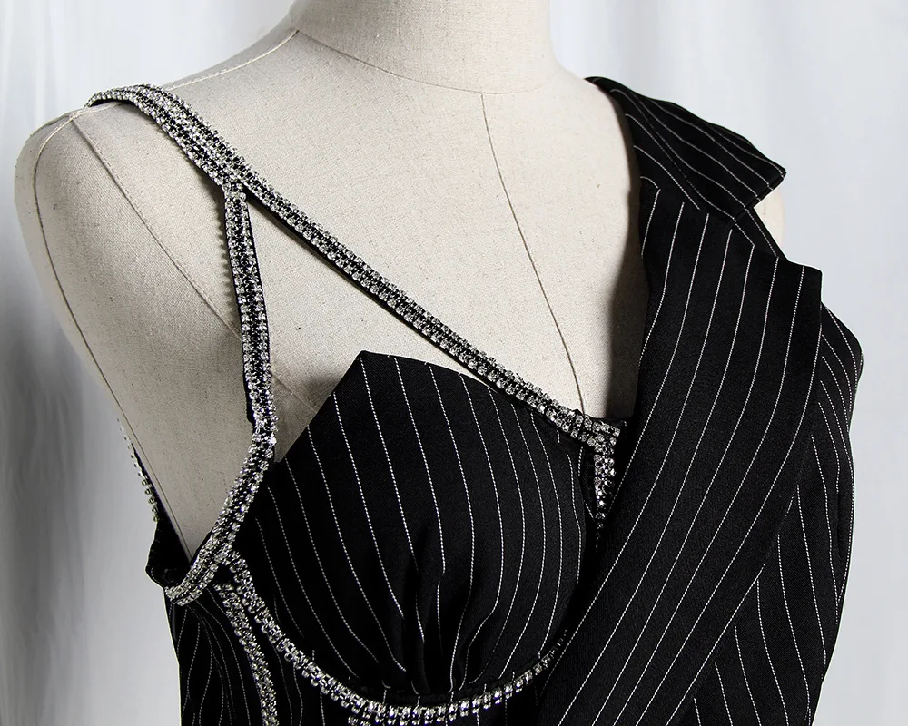 CHICATWILL High Street Fashion Office Lady Sleeveless Bling Crystal Women V-neck Stripes Blazers Elegant Faux 2 pieces Tops