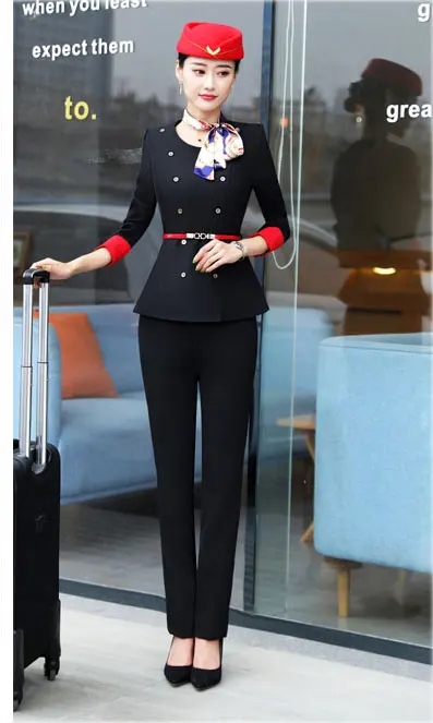 blackcoat and pant IZICFLY, стиль, красная стюардесса, одежда для официанта, женский брючный костюм, отель, прием, спа, ресторан, униформа официантки для работы - Цвет: blackcoat and pant
