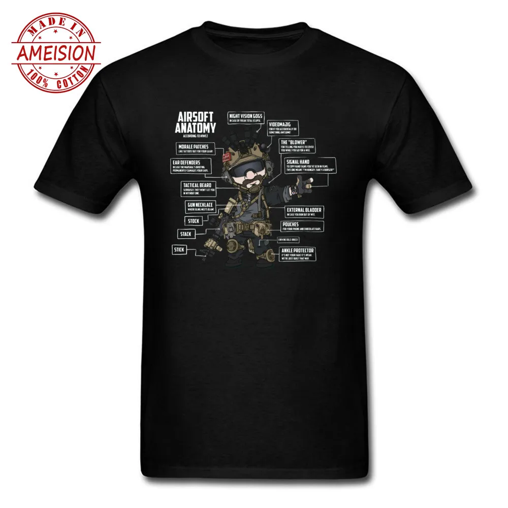 

Men's T-Shirt AIRSOFT ANATOMY T Shirts Male Military Style Tshirt Black Tops & Tees Round Collar 100% Cotton Fabric Streetwear