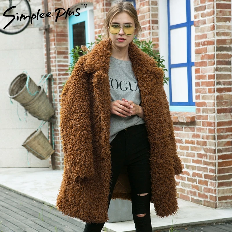 Kopen Simplee Plus Faux lamswol oversized lange jas jas Winter zwarte warme hairly jas Vrouwen herfst bovenkleding vrouwelijke overjas