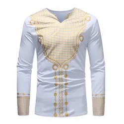 2019 Новая африканская мода Дашики для мужские рубашки с длинным рукавом v-образным вырезом решетки богатый принт шелк Анкара африканские