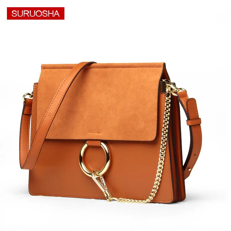

Fashion Brand Genuine Leather Crossbody Bag Designer Women Famous Brands Real Matte Suede Leather Bag With Ring and Chain