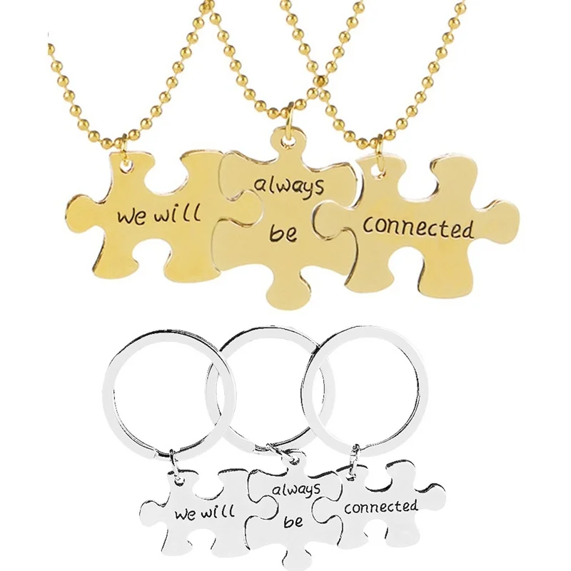 

3pcs/set We Will Always Be Connected Pendant Puzzle Necklace or Key Chains Family Sister Brother BFF Jewelry Gifts Gold, Silver
