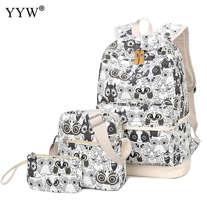 

3 PCS/Set Unisex Canvas Backpack and Shoulder Clutch Bag Zipper White Owl Backpack Female Softback Large Capacity School Bag