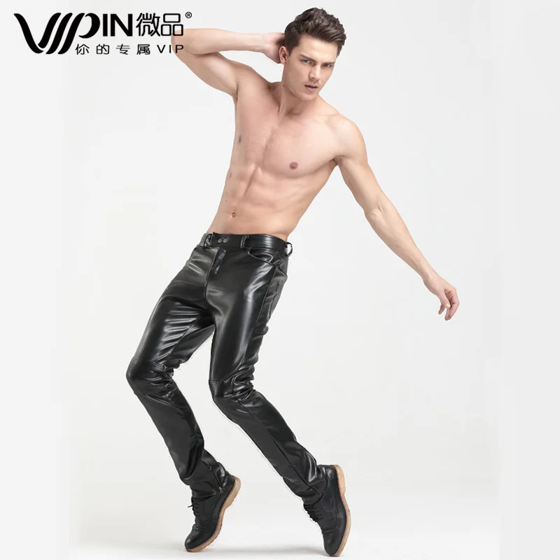 New men's autumn and winter brand fashion PU Leather pants plus velvet