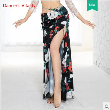 Черный Ice Silk печатание сексуальная Длинная юбка для танца живота, Для женщин конкурс танца живота юбка Разделение Восточный юбка для танцев - Цвет: Черный