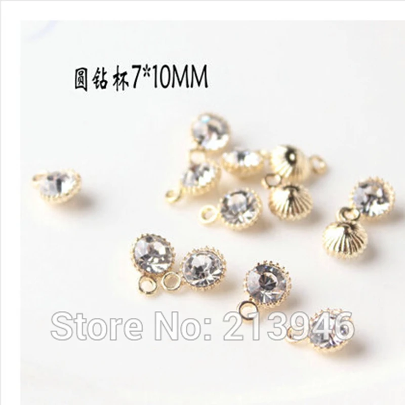 

50Pcs 7*10MM Round Glass Rhinestones Gold Color Alloy Beads Jewelry Charms