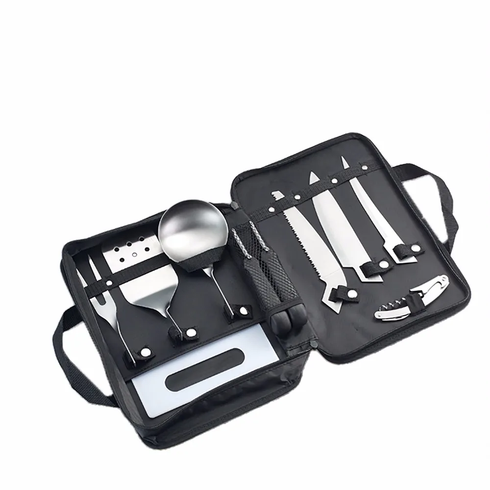 

Outdoor Camping Cookware 8 Pcs Stainless Steel Kitchen tools Cookset Backpacking Cooking BBQ Equipment with storage case