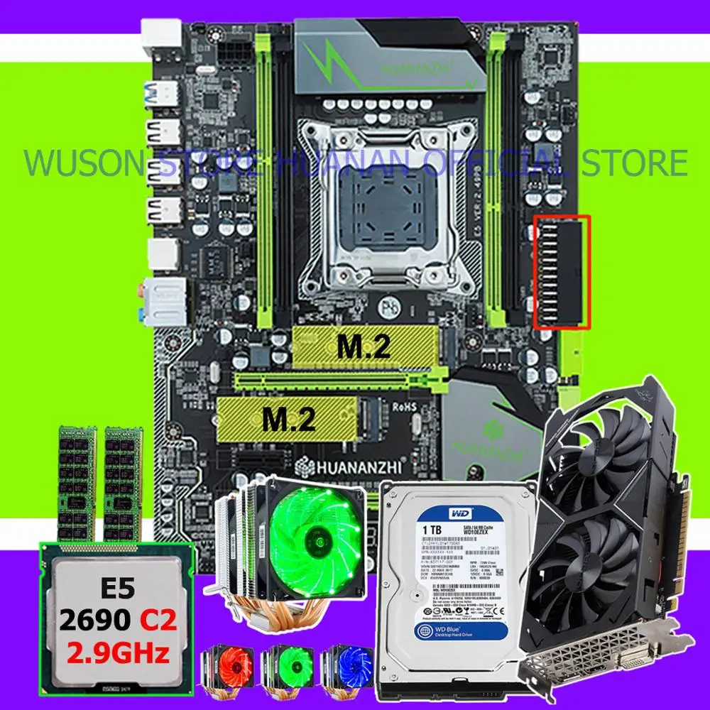Best Price Discount new HUANANZHI X79 Pro motherboard with CPU Xeon E5 2690 C2 2.9GHz RAM 16G(2*8G) video card GTX1050Ti 4G 1TB SATA3.0 HDD