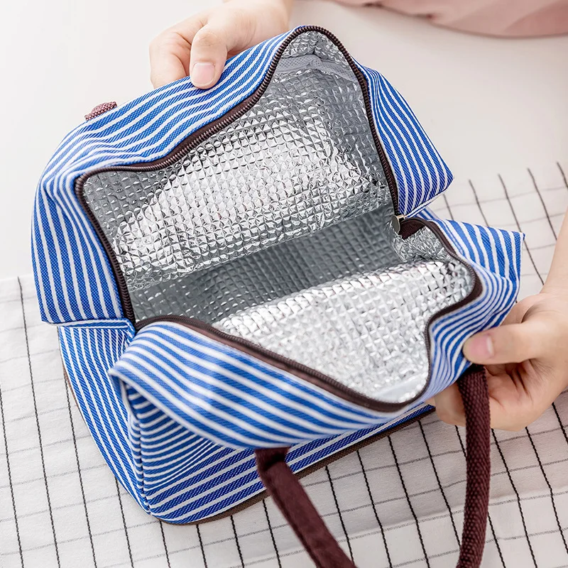 Leisure Women Portable Lunch Bag Canvas Stripe Insulated Cooler Thermal Food Picnic Box Tote