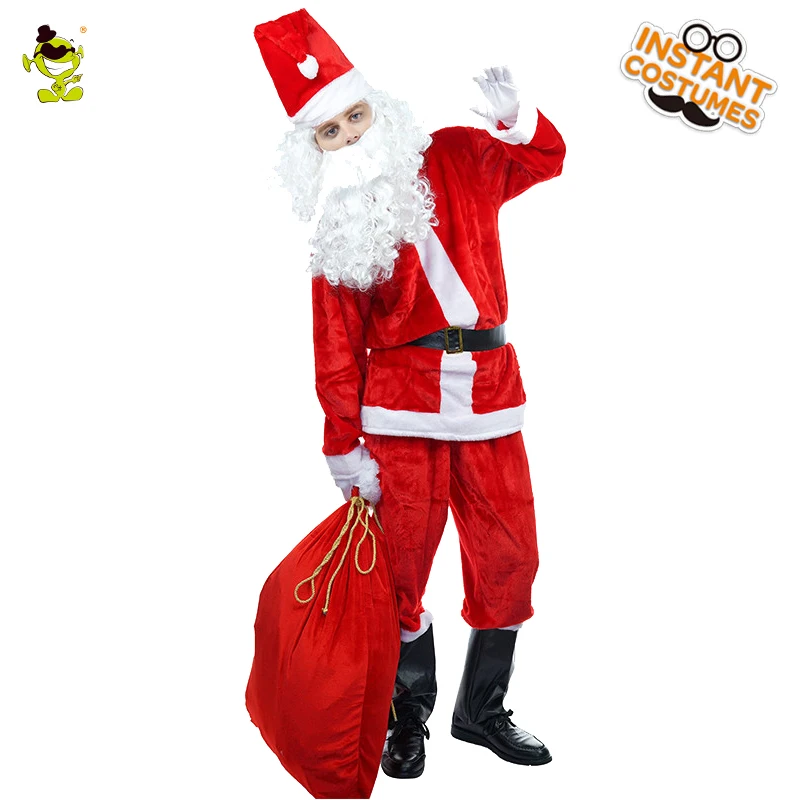 

Christmas Men's Santa Claus Costume with Long Beard Xmas Party Fancy Dress Role Play Red Adult Santa Claus Outfits for Male