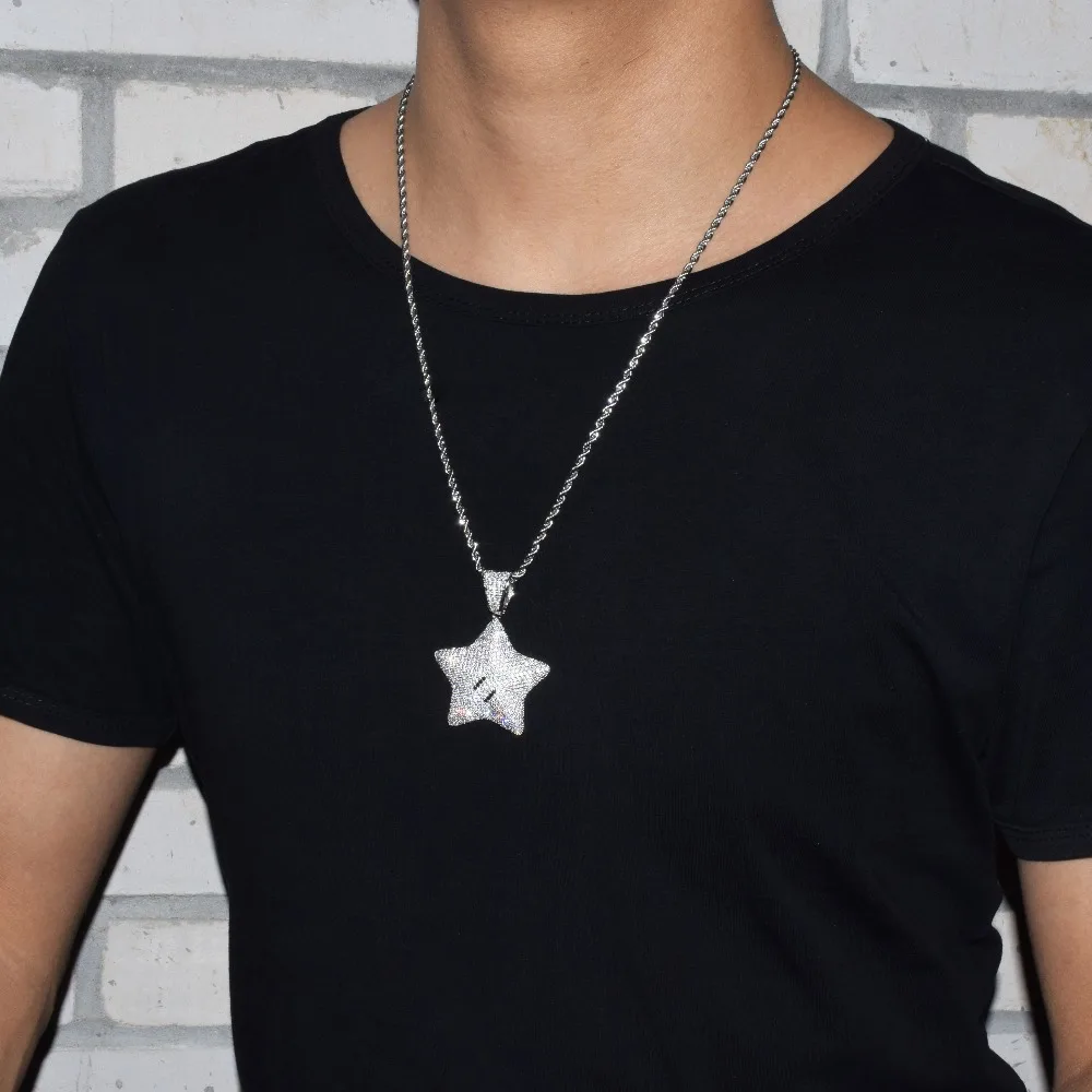 18k Yellow Gold-Plated Cubic Zirconia Mario Star Pendant with 1.5mm 30 Box Chain NIVS BLING