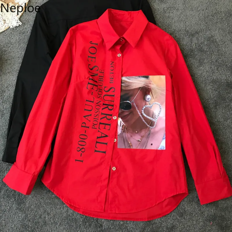 

Neploe Harajuku Letter Print Spring 2019 Women Tops Chic Single Breasted Blusa Loose Turn-down Collar Long Sleeves Blouse 43244