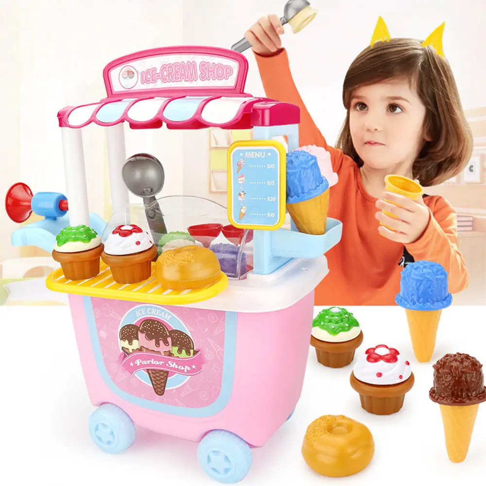 31Pcs Kids Ice Cream Shop Dresser Cart Pretend Toy Set Role play B-day Gift UK 
