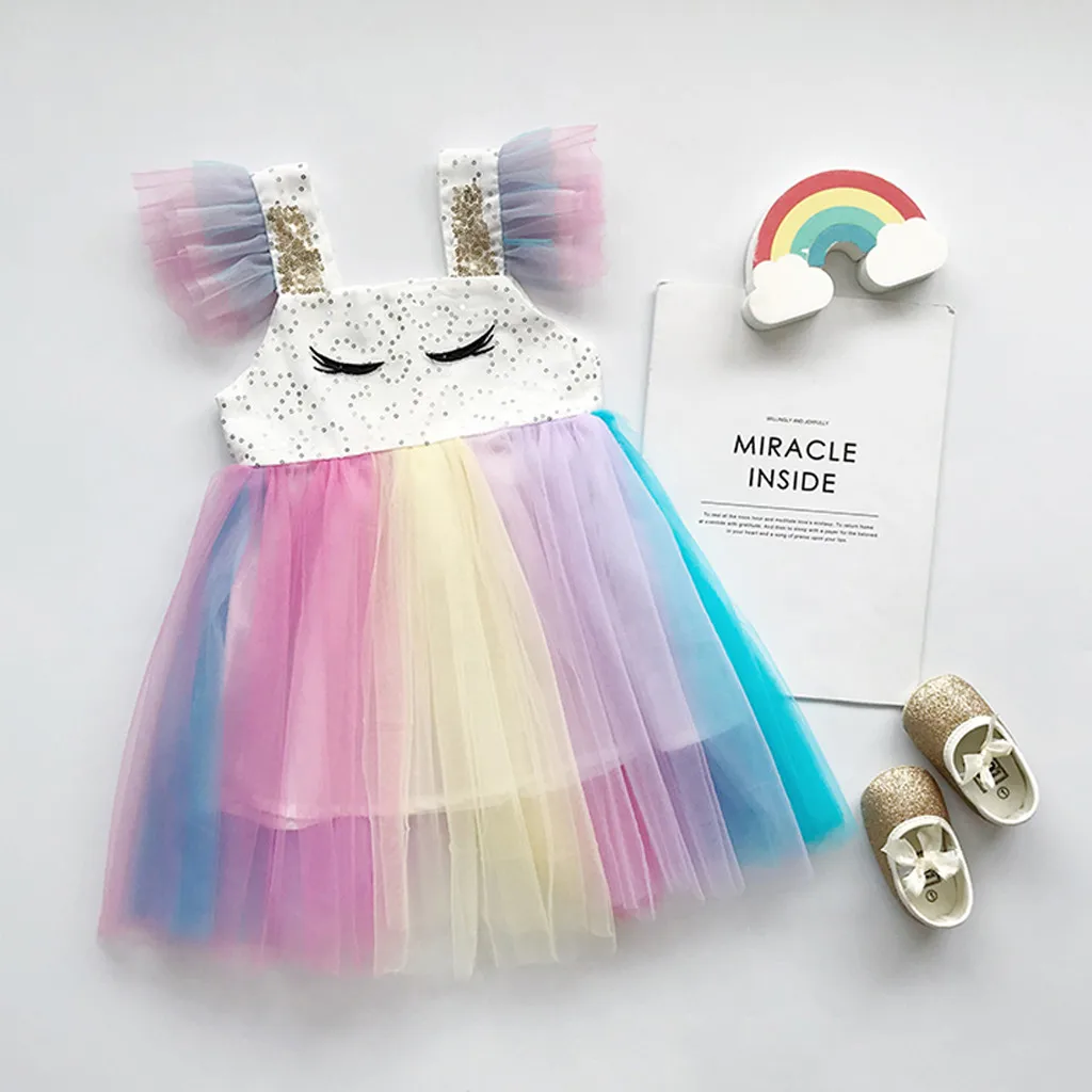 

Girl Dress Kids Dresses For Girls clothes 2019 summer Casual Sleeveless Tulle Rainbow dress princess Outfit baby girls Clothes
