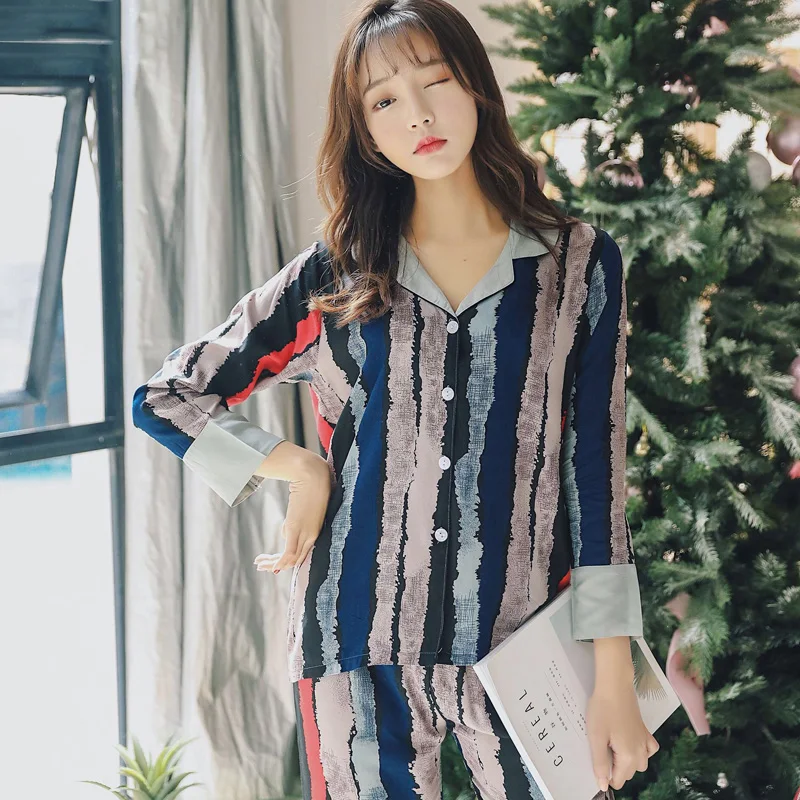 

Striped Spring Autumn Elegant Cotton Women's Pajamas Set Sleepwear Girls Pyjamas Mujer Lady Casual Home Clothing