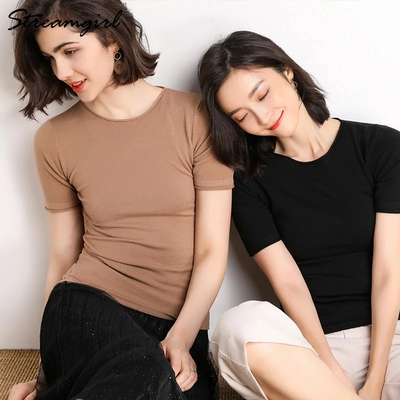 Женская футболка белая футболка с короткими рукавами, вязанный женский топ элегантные футболки женская футболка Черная футболка