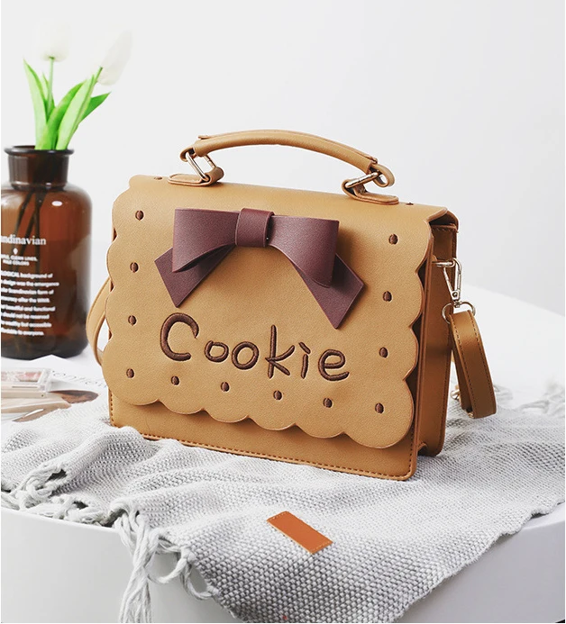 Kawaii Girl Cookie Priting Brown Flap Messenger Bag Bow Lolita Style Pink Handbag Joker Leisure Sweet Scrub PU Shoulder Bag07