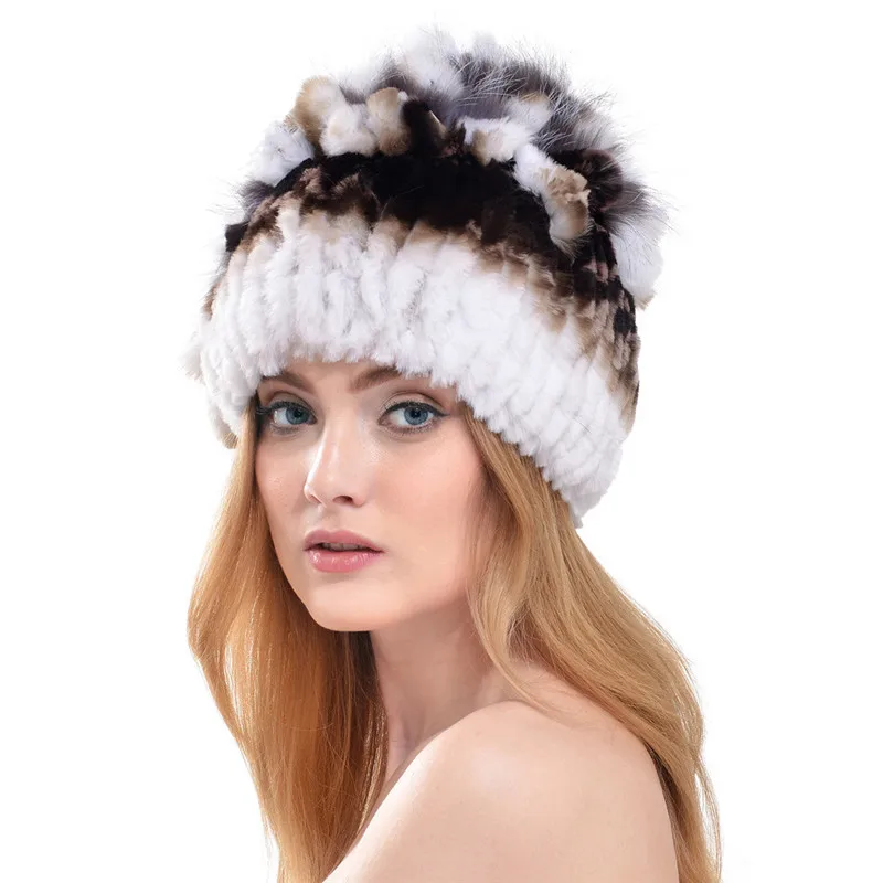 Зима, шапка из меха кролика рекс с мехом серебристой лисы, с цветами, вязанные шапочки, модная женская Повседневная теплая шапка из натурального меха LH325 - Цвет: color 3  coffee