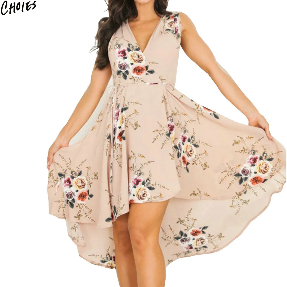 

Apricot V Neck Floral Print Dipped Hem Pleated Mini Chiffon Dress Women Sleeveless Tied High Waist Summer Casual Beach Wear