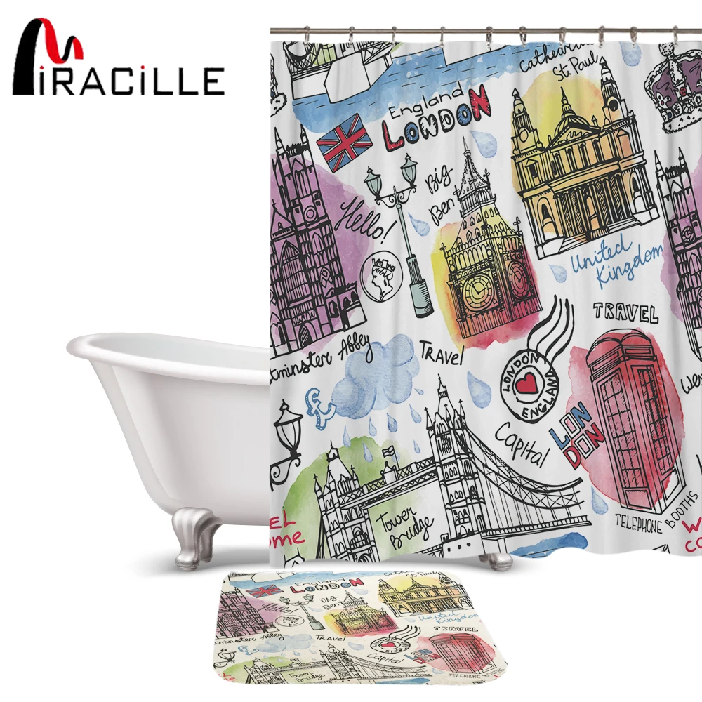 

Miracille British Style London Building Polyester Waterproof Shower Curtains With Rectangle Non-slip Floor Mat Bath Curtain Set