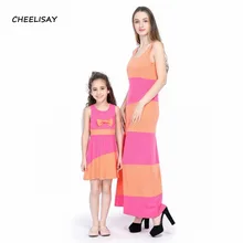 Одинаковое платье без рукавов для мамы и дочки в стиле пэчворк Хлопковое платье в полоску для мамы и дочки одежда для родителей и детей
