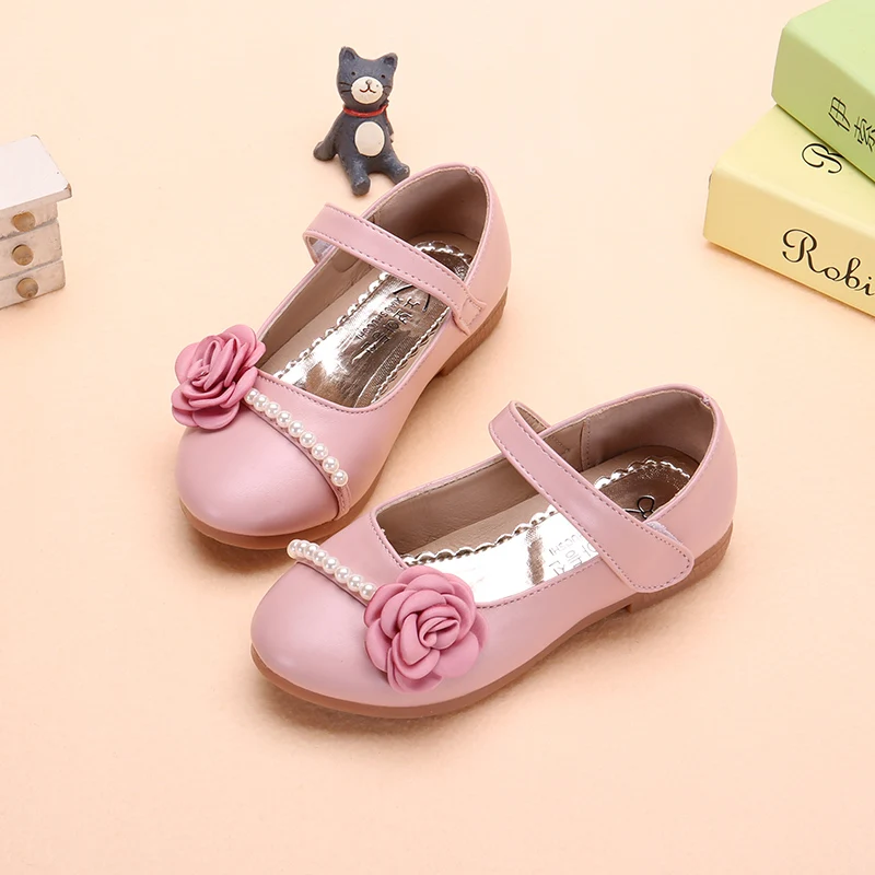 Bekamille Girls Leather Shoe Autumn Fashion Children Girls Princess Pearl Flower Flat Single Shoes Infant Girls Sneakers