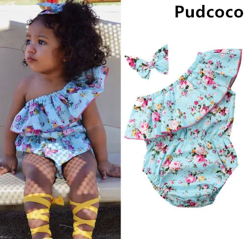 

Infant Toddler Baby Girl Off Shoulder Romper +Headband Sunsuit cotton Cloth 0-24M Baby Clothing