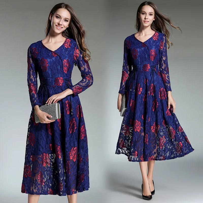 Women's autumn and winter new cute blue dresses two-color lace printed temperament slim bottoming dress