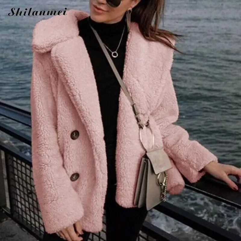 Модная флисовая куртка из искусственного меха пальто женское пальто Veste Fourrure зимние карманы толстое плюшевое пальто женское розовое Белое