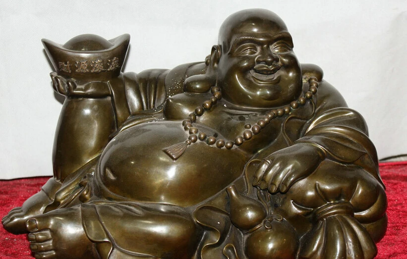 

150610 S1288 18" Old China Buddhism Bronze Yuan Bao Sleep Happy Laugh Maitreya Buddha Statue