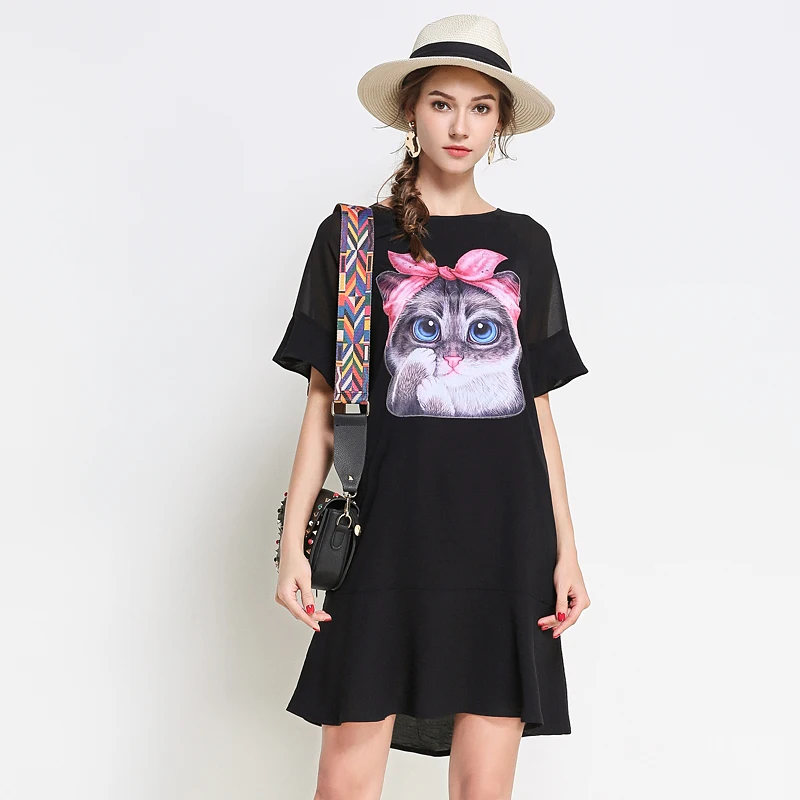 5XL Summer Black Party Dresses Plus Size Women Animal Cat Print Chiffon