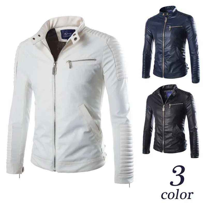 Men's Slim short punk motorcycle collar PU leather jacket fashion solid color youth handsome cyclin