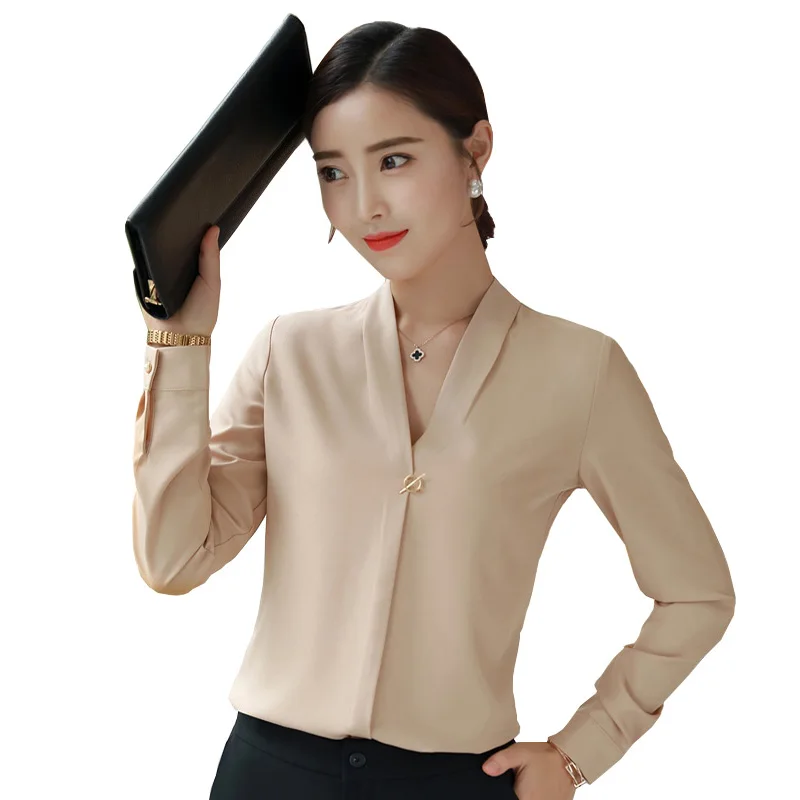 

Long Sleeve Shirt Women Ladies Blouse Tops Green Vneck Solid Contracted Office Business Working OL Wear White/ Green/ Beige
