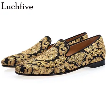 

Hot Embroidered Gold Men Shoes Round Toe British Style Flats Runaway Mule Lazy Loafers Summer Casual Shoes Men