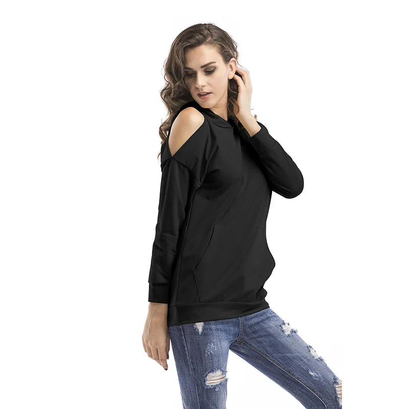 

Sweatshirt, Off-the-shoulder, Long-sleeved Hooded Sweatshirts, Solid Color