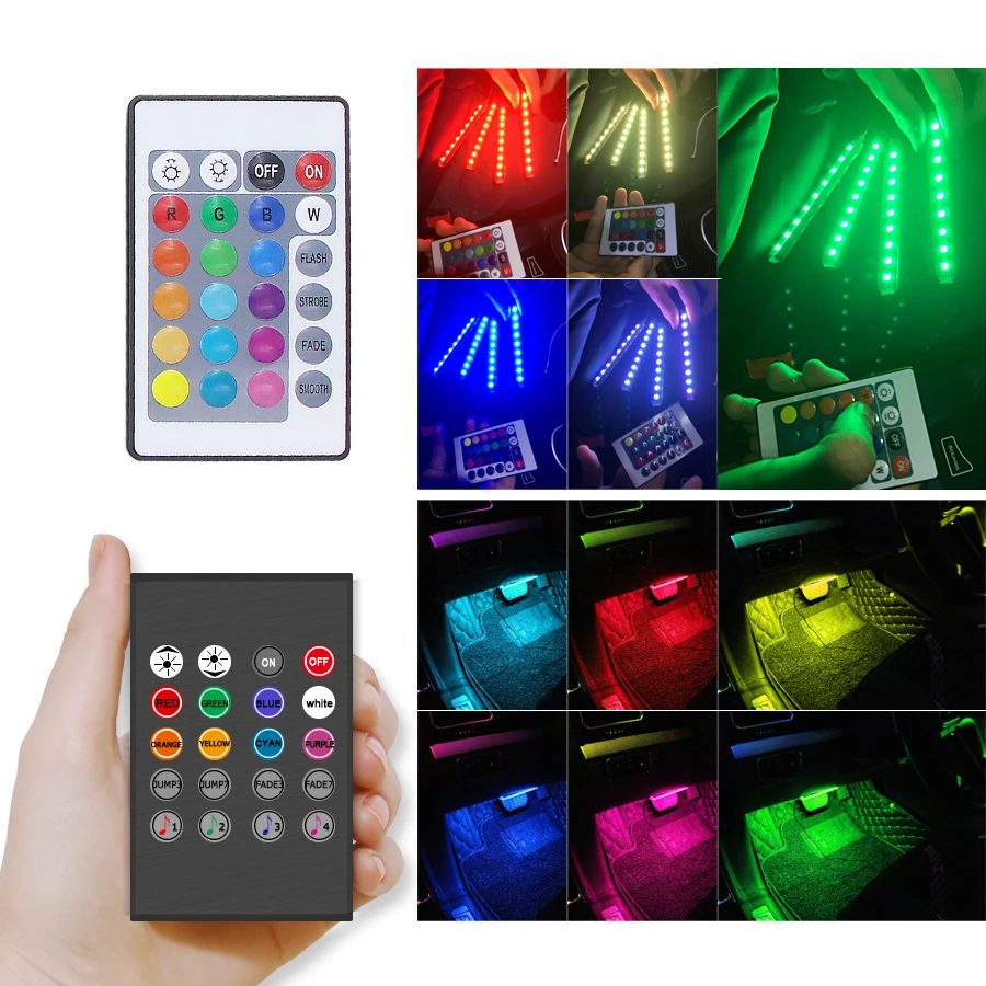 4 шт. Led RGB полосы светильник крытый светильник 12smd 9smd-led автомобиля светодиодная лента RGB светильник Атмосфера лампы 12V красочный пульт дистанционного управления Крытый настенный светильник