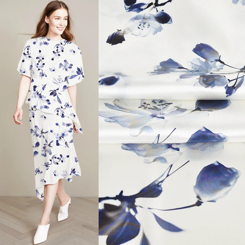 

118CM Wide 19MM Blue Floral Print Stretch White Silk Satin Fabric Good for Summer Dress Skirt Shirt Pants JH197