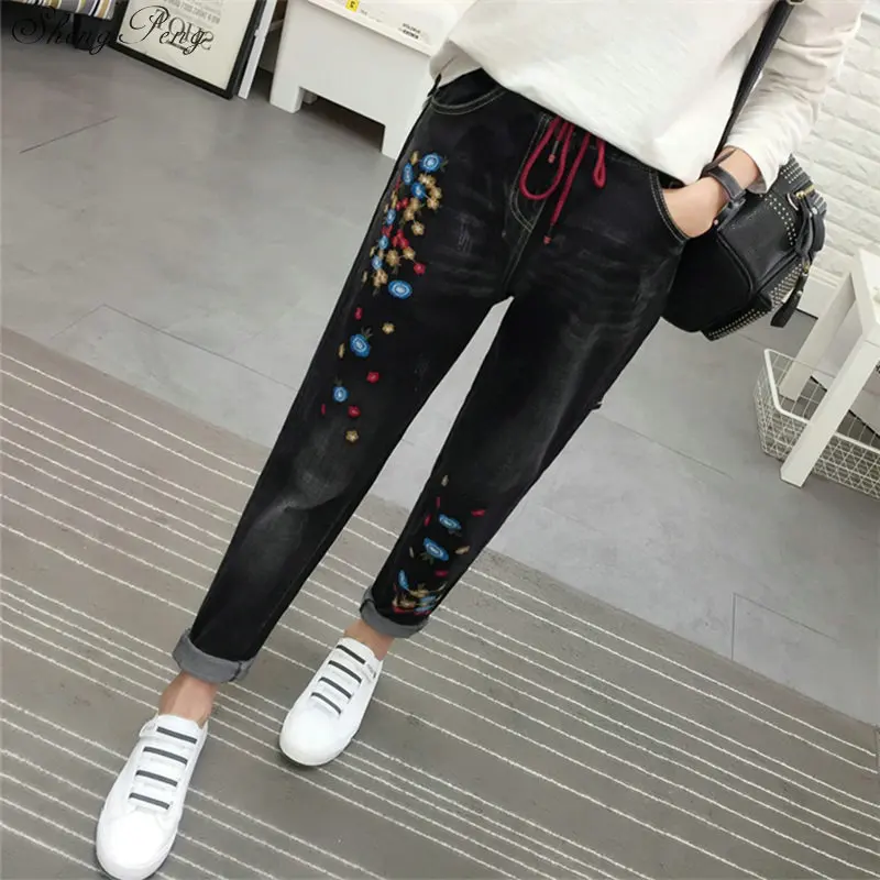 

2019 women embroidery jeans with high waist female jeans with embroidery boyfriend jeans for women Q659