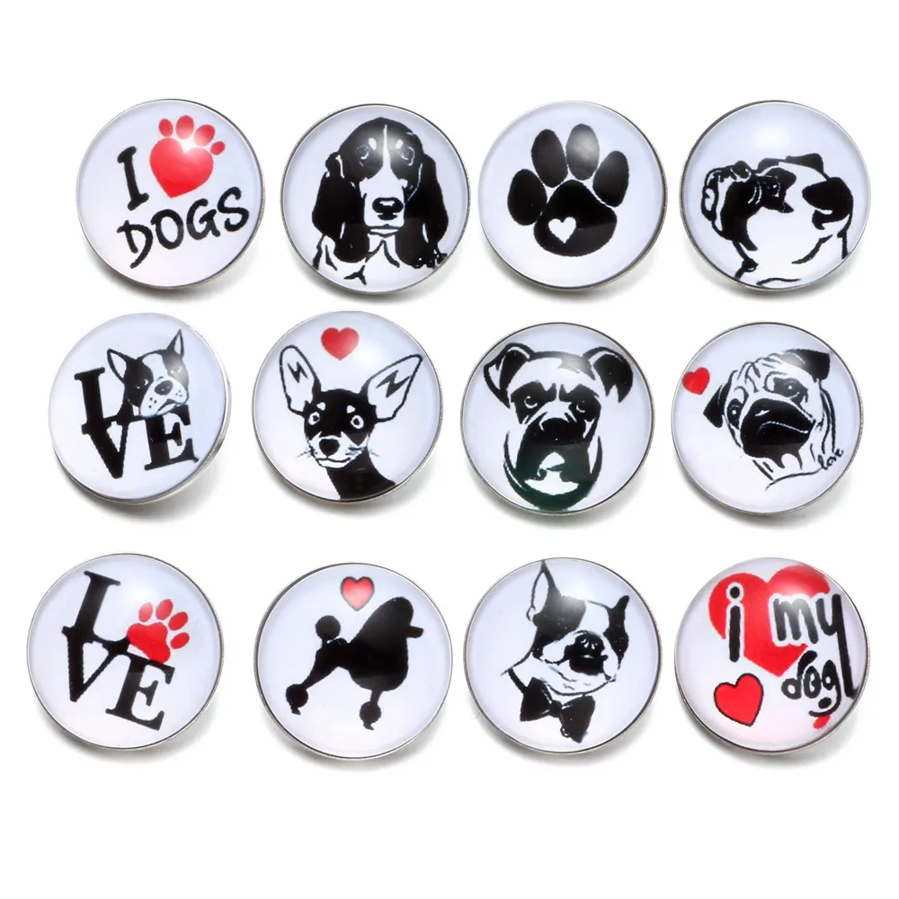 12pcs/lot Multi Theme I Love Dog Pattern 18mm Snap Button Jewelry Glass Charms Fit DIY Bracelet Snaps Jewelry KZ0501 - Окраска металла: KZ0502